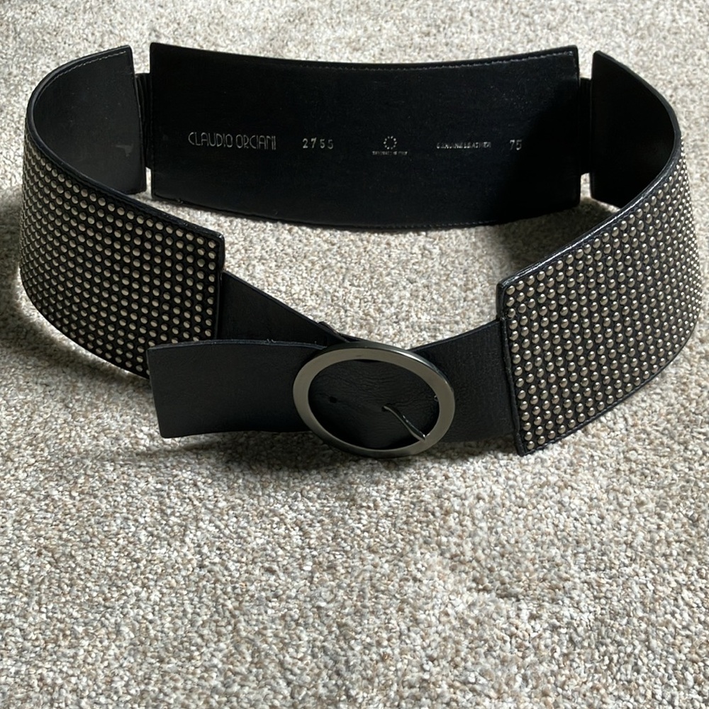 Woman’s Claudio Orciani leather belt silver toned buckle and studs
